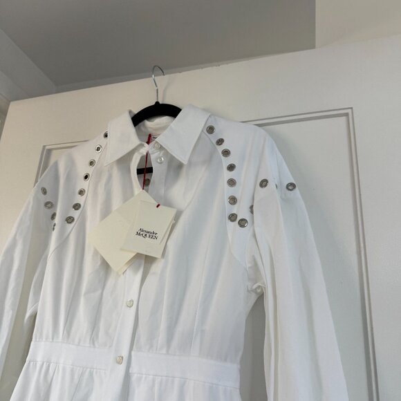 NWT Alexander McQueen A-line Midi Shirt Dress White Cotton Poplin Metal Eyelets - Picture 6 of 12
